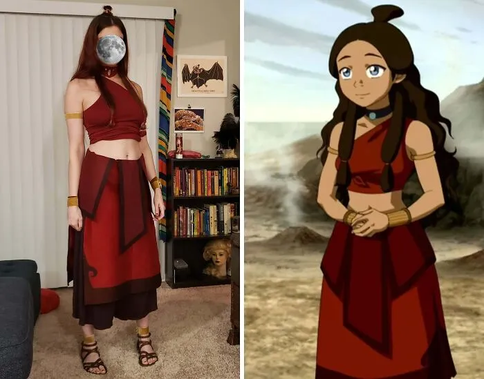 Woman wearing a genius Halloween costume inspired by a red animated character, standing indoors next to a bookshelf.