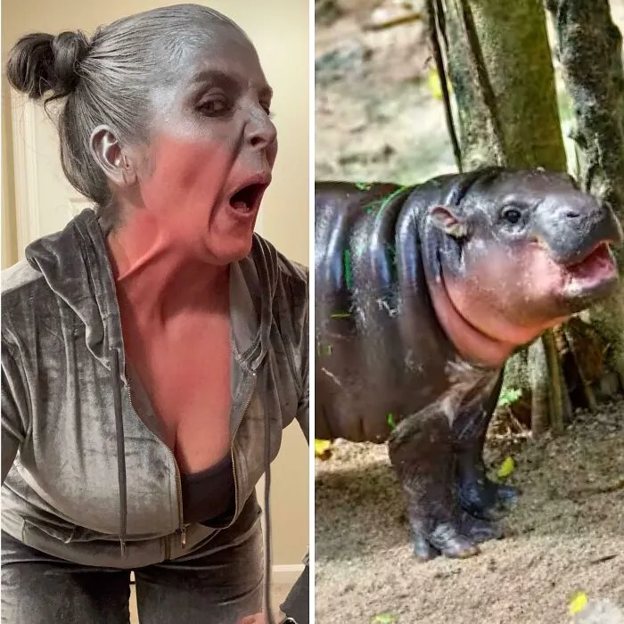 Woman in a creative Halloween costume mimicking a baby hippo, showcasing genius Halloween costume ideas.