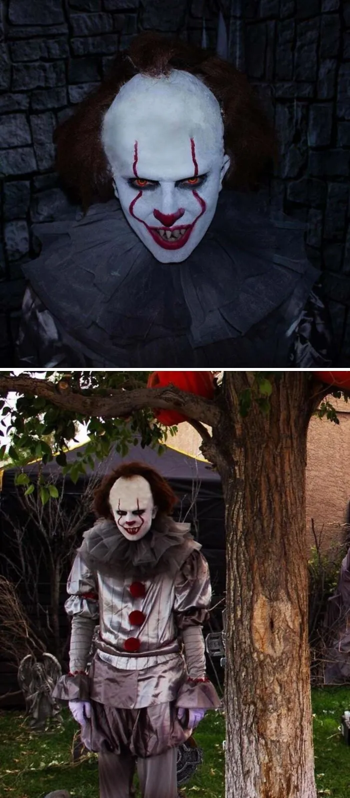 Pennywise Halloween costume featuring detailed makeup and classic clown outfit for genius Halloween costumes inspiration.