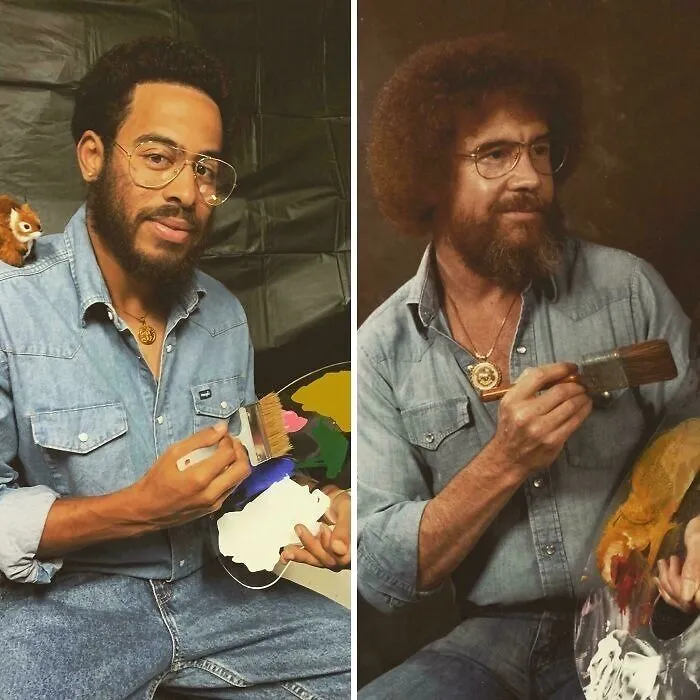 Man dressed in a genius Halloween costume as painter Bob Ross holding a paintbrush and palette at a party.