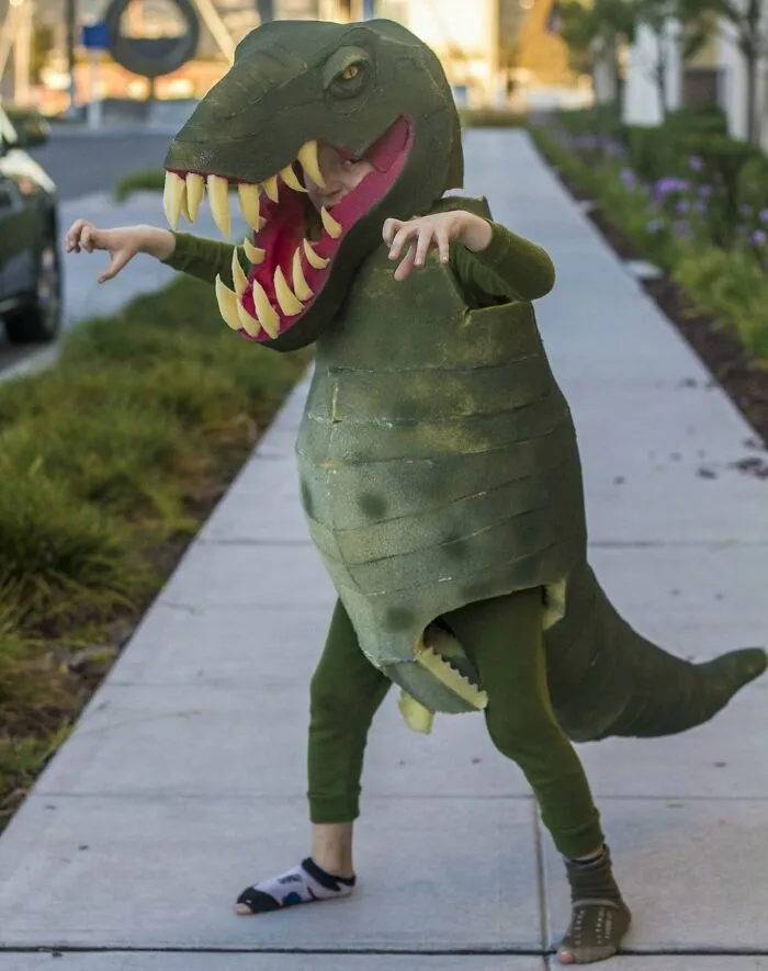 Here Is A Tyrannosaurus Costume I Made For My Son, From Mattress Foam And Spray Paint