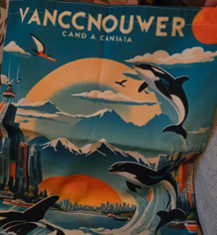 Fabric with a colorful design featuring orcas, mountains, and a cityscape, illustrating careless online shopping backfired results.