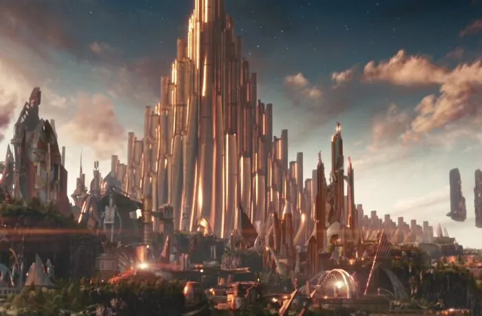 Futuristic cityscape with towering golden structures in a mysterious and magical imaginary world setting.