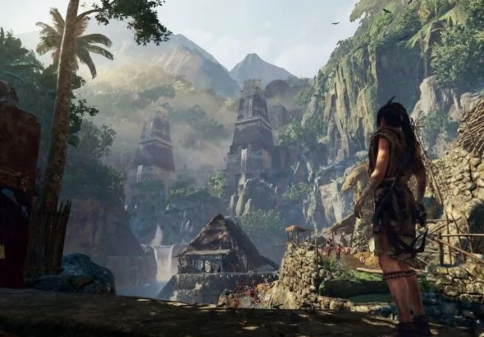 A mysterious ancient village with stone temples set in lush mountainous imaginary worlds and places.