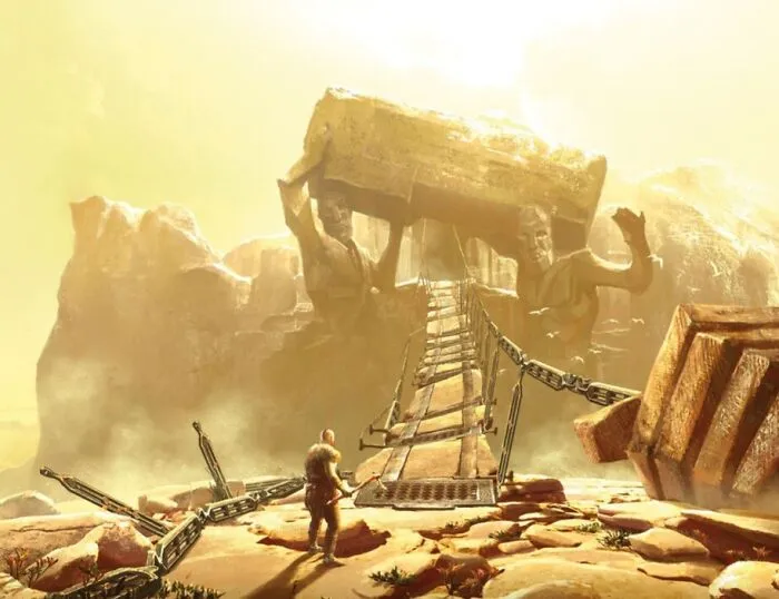 Adventurer standing before a broken chain bridge in a mysterious imaginary world with giant stone statues holding a massive block.