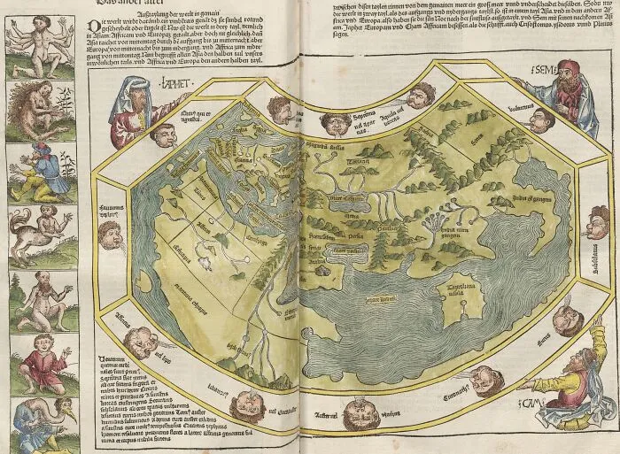 Old illustrated map featuring mysterious imaginary worlds and places surrounded by mythical creatures and figures.