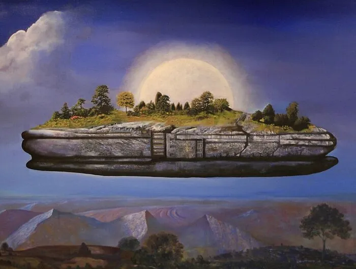 Floating stone island with trees and greenery, a magical imaginary world under a glowing sky and distant mountains.