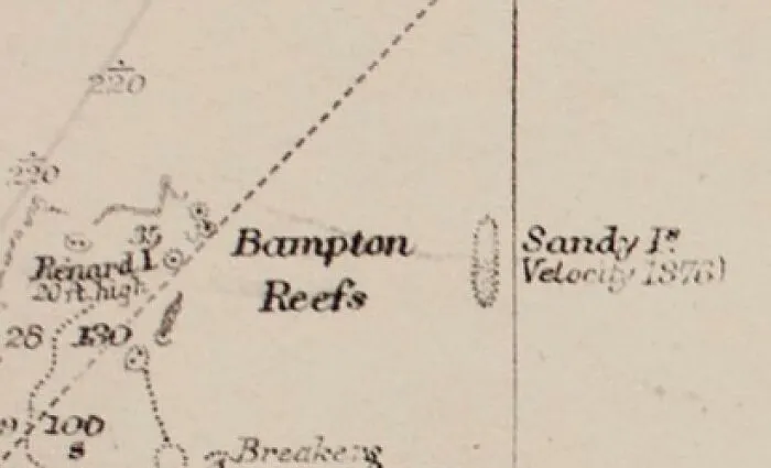 Vintage map showing Bampton Reefs and surrounding mysterious imaginary worlds and places on a faded background.