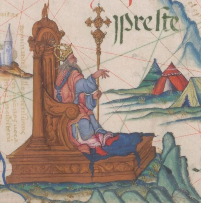 Medieval king seated on an ornate throne in a mysterious and magical imaginary world with tents and distant towers.