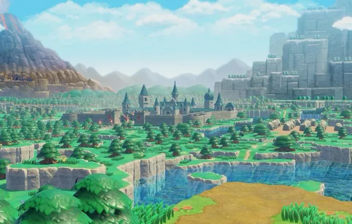 A vibrant imaginary world with a castle, lush forests, rivers, and mountains under a bright blue sky.