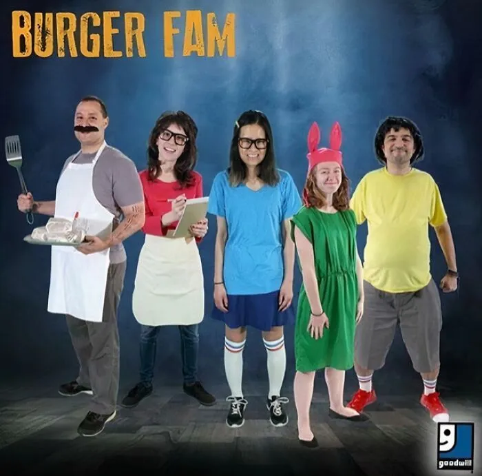 Group of five people dressed in off-brand Halloween costumes inspired by a burger family, showcasing funny and creative ideas.