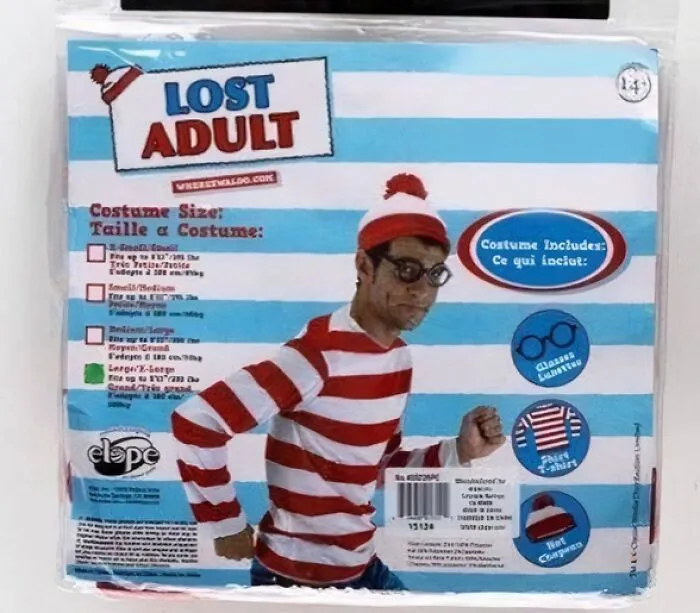 Off-brand Halloween costume packaging shows a man in a red and white striped shirt and hat, glasses included.