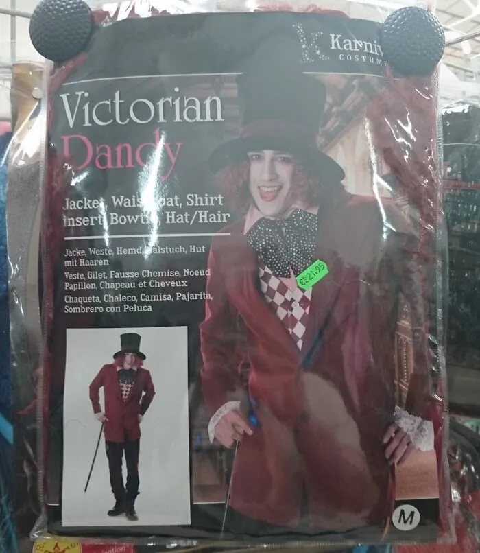 Victorian Dandy off-brand Halloween costume packaging showing a man in a burgundy suit with a top hat and polka dot bowtie.