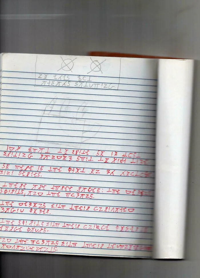 Child's notebook showing coded writing and drawings, illustrating creative inventions and imaginative thinking by kids.