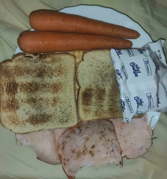 Unholy food plate with toasted bread, sliced deli meat, whole carrots, and packaged cookies in unappetizing arrangement.