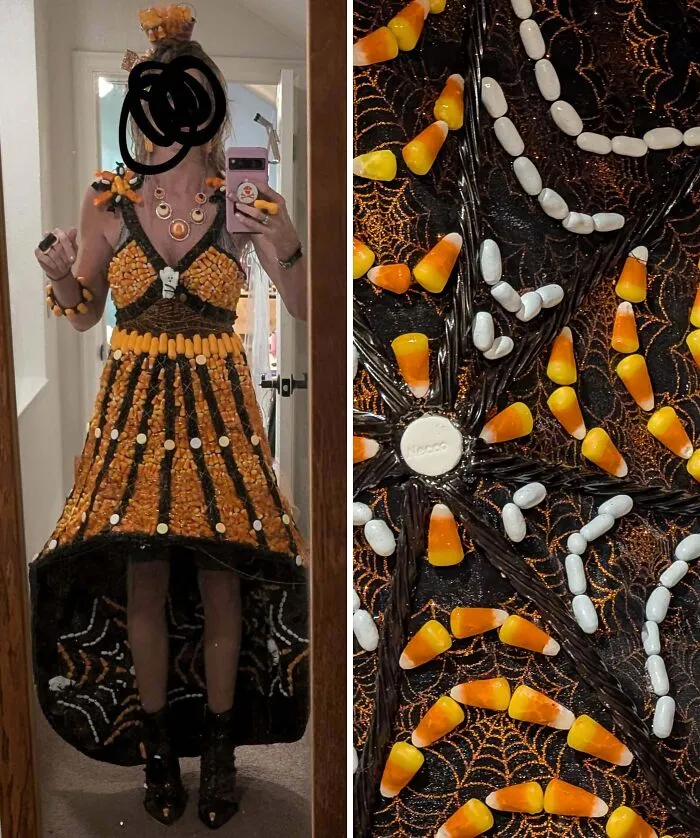 Woman wearing a creative Halloween costume made from candy corn and black licorice, featuring a spider web design.