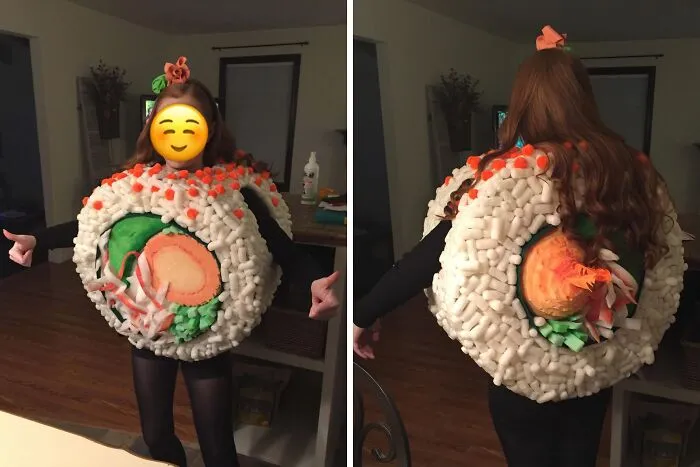 Creative Halloween costume of a giant sushi roll made with craft materials, perfect for genius Halloween costume ideas.