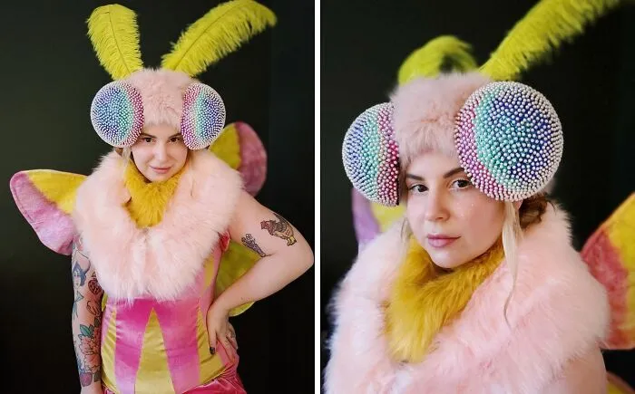 Person wearing a creative Halloween costume with large colorful eyes, yellow antennae, and pink furry details for Halloween party.