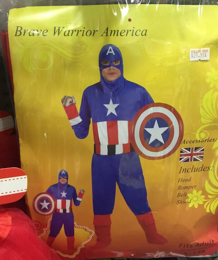 Off-brand Halloween costume of a superhero named Brave Warrior America with a star shield and blue suit.