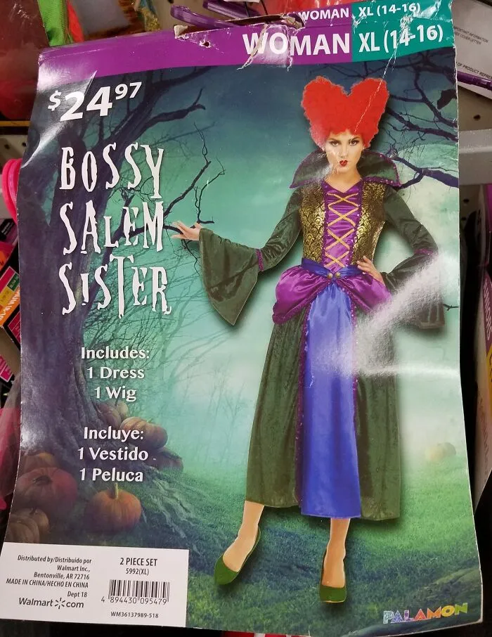 Off-brand Halloween costume packaging showing a "Bossy Salem Sister" witch dress and wig for women in XL size.