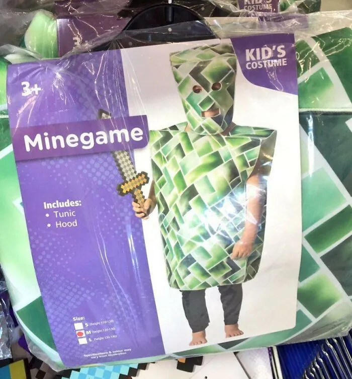 Kid wearing a pixelated off-brand Halloween costume labeled Minegame holding a blocky sword, part of funny off-brand Halloween costumes.