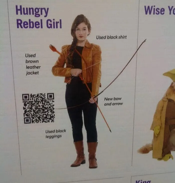 Off-brand Halloween costume of a rebel girl with brown leather jacket, black leggings, and a bow and arrow.