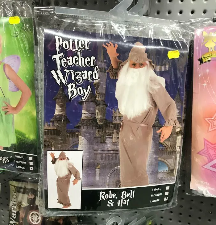 Off-brand Halloween costume of a wizard boy with robe, belt, and hat displayed on store shelf packaging