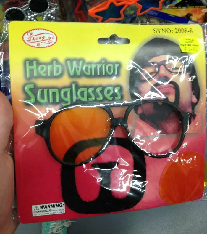 Off-brand Halloween costume accessory showing Herb Warrior Sunglasses with one orange and one clear lens.