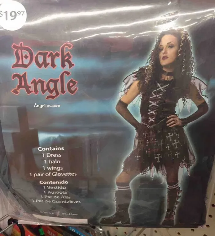 Off-brand Halloween costume called Dark Angle with dark dress, wings, halo, and gloves shown on packaging.