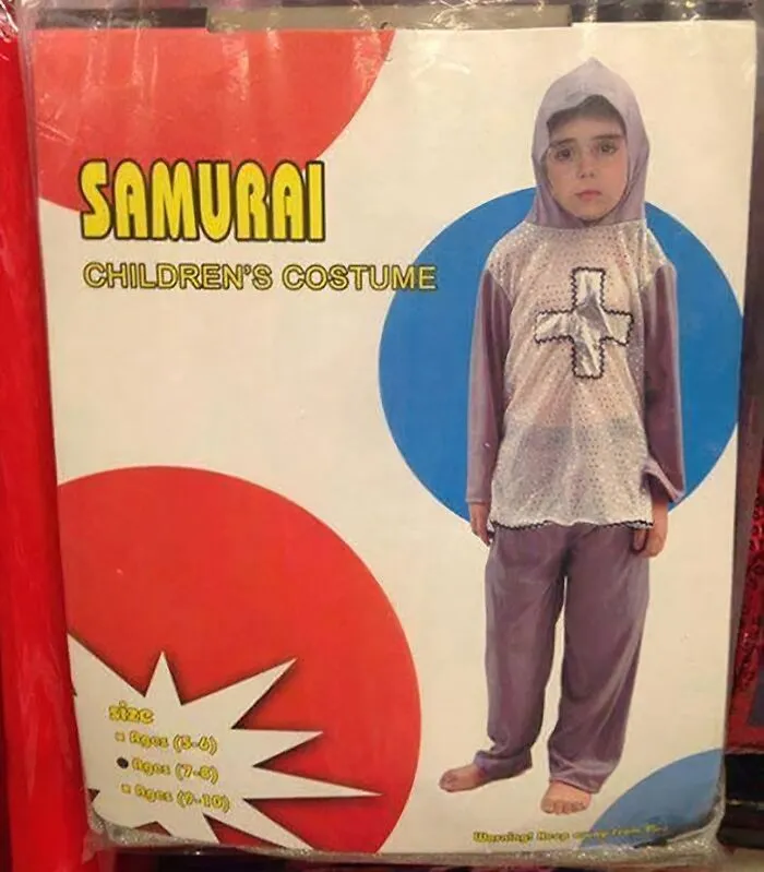 Child in an off-brand samurai Halloween costume with mismatched design in a funny Halloween costume collection.