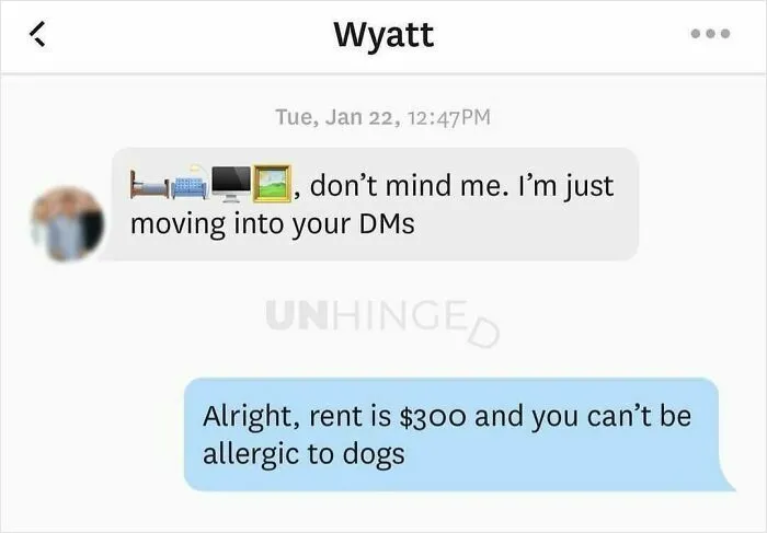 Dating app conversation where one person jokes about moving into DMs and the other sets rent and dog allergy rules.