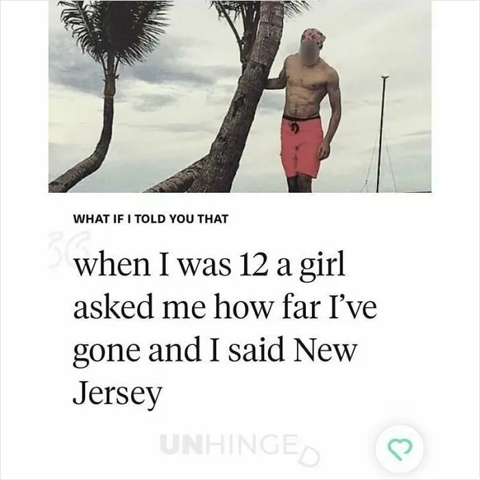 Man in red shorts leaning on a tree by the beach, with a funny dating app text about a childhood joke.