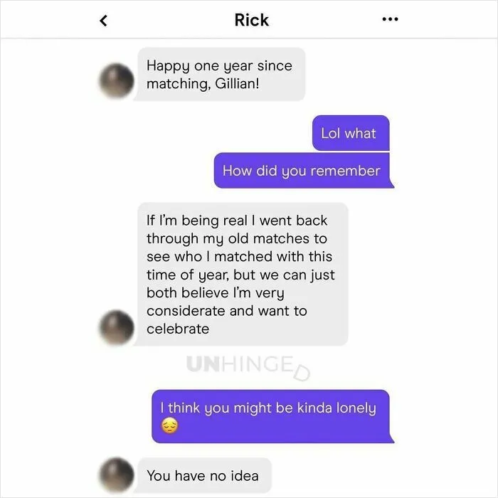 Text conversation from dating apps showing a hilarious and unhinged message about remembering old matches to celebrate.