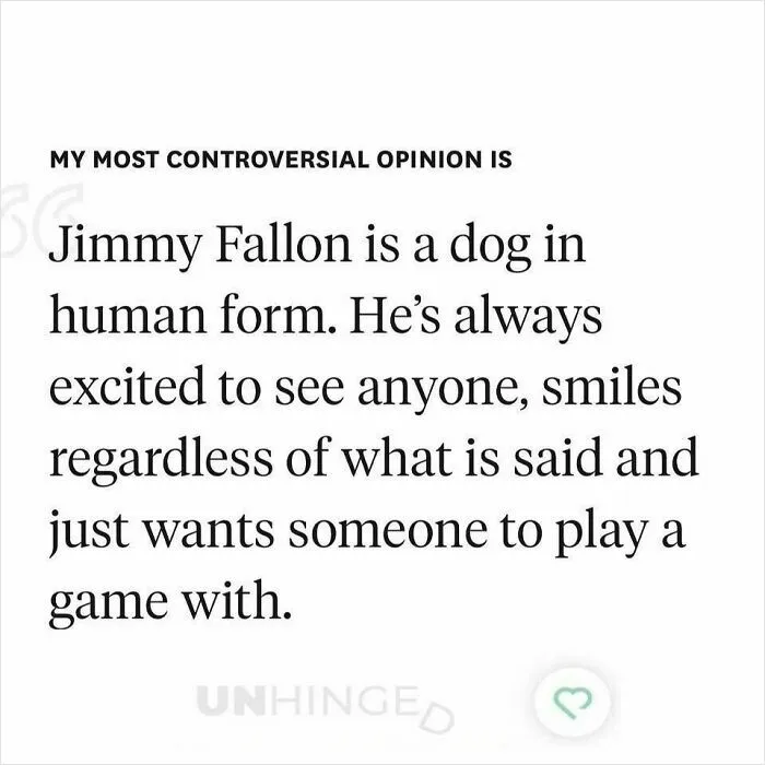 Controversial opinion text from dating app screenshot describing Jimmy Fallon as a dog in human form, humorous post.