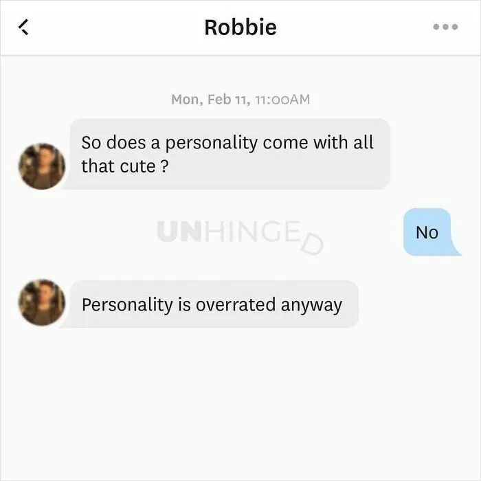 Text message conversation from a dating app showing a humorous exchange about personality being overrated.