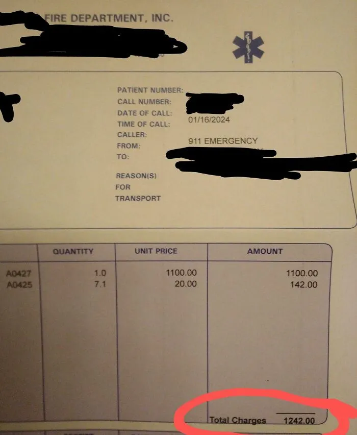A Loved One Just Got This Ambulance Bill In The Mail After Being Taken To Hospital Against Their Will (Mental Health Related)