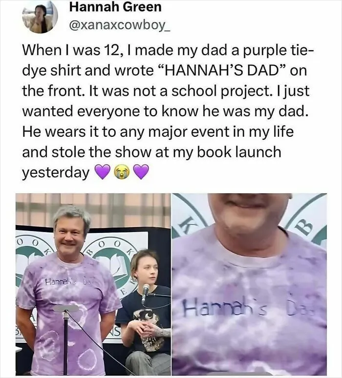 Father wearing a purple tie-dye shirt that says Hannah's Dad, a wholesome post to brighten your feed from this IG page.