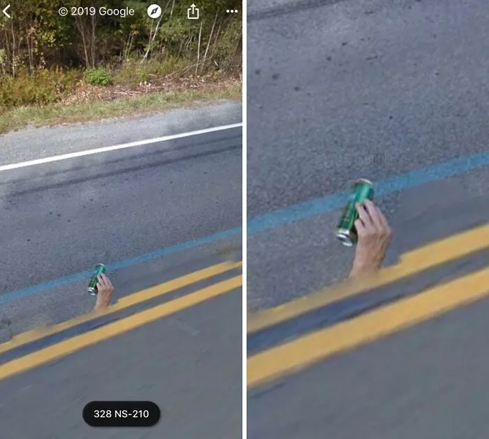 Hand holding a can appearing from the road, a surprising capture on Google Earth and Maps.