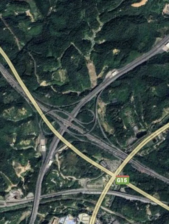 Aerial view of a complex highway interchange surrounded by dense forest captured on Google Earth maps.