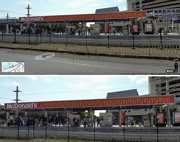 Google Maps street view showing a crowded bus stop with an extended McDonald's sign, an unexpected capture from Google Earth.
