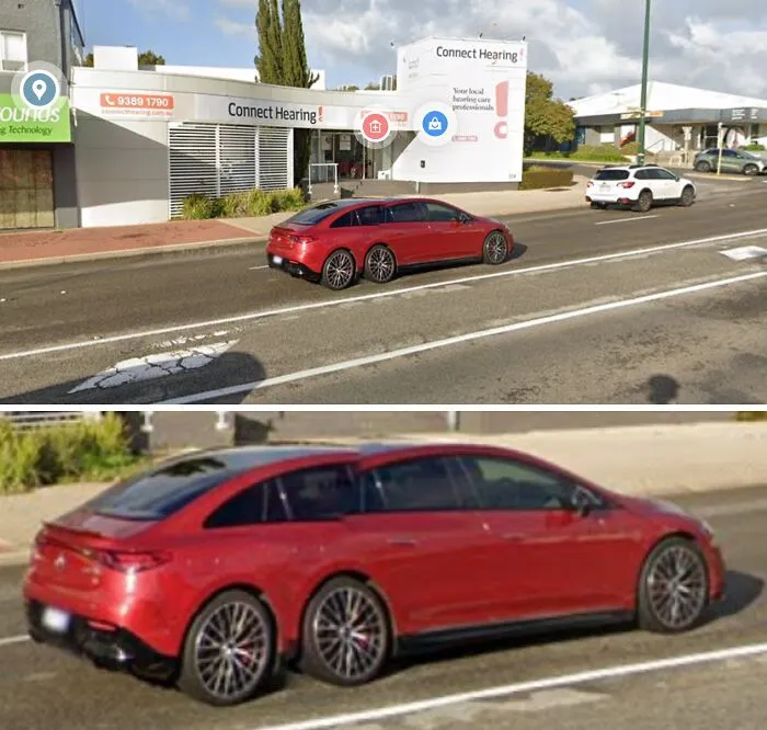 Red car with three rear wheels captured on a street, showing a totally unexpected vehicle on Google Earth and Maps.