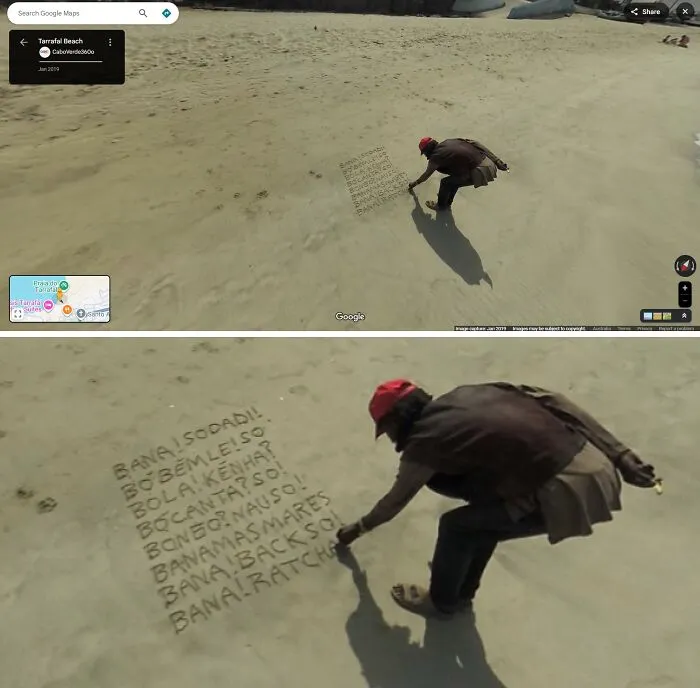 Man writing long text in sand on beach captured by Google Earth and Maps showing unexpected street view discovery.
