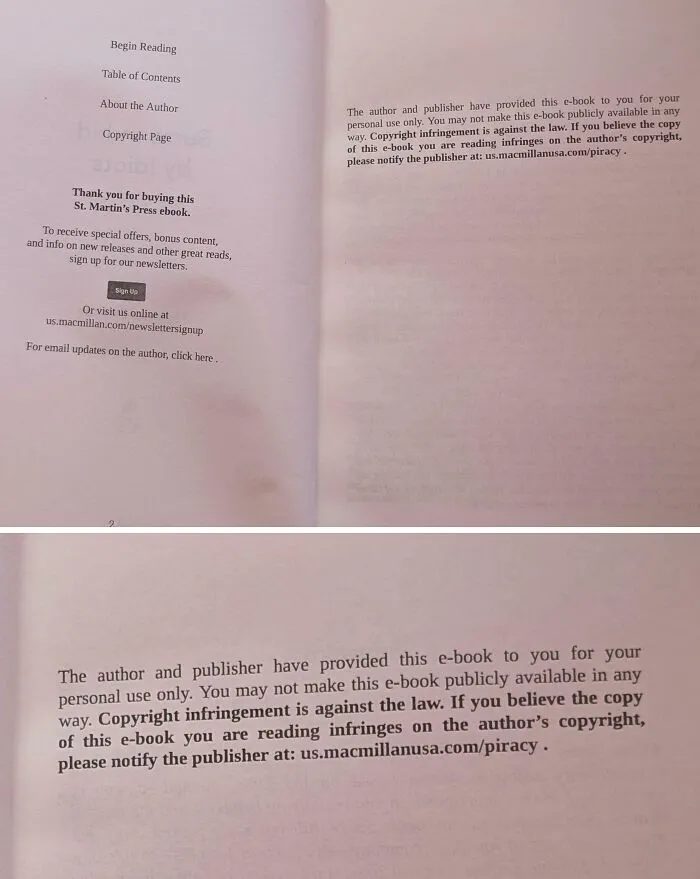 Pages from an ebook with copyright and author information warning about copyright infringement, careless online shopping backfiring.