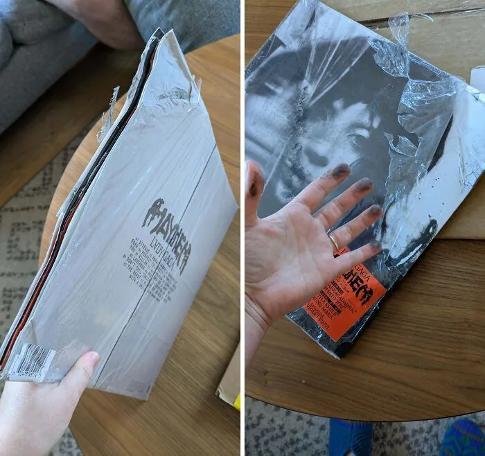 Damaged vinyl record packaging causing dirty hands, illustrating careless online shopping backfiring in a humorous way.