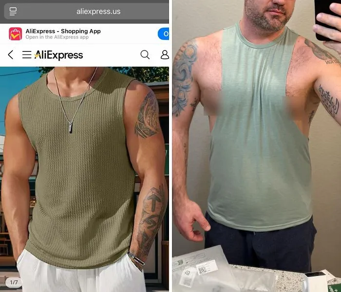 Comparison of expected versus actual sleeveless shirt from careless online shopping backfire with humorous sizing and style differences.