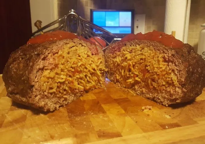 My Husband Cooked A Giant Meatball Stuffed With Spaghetti