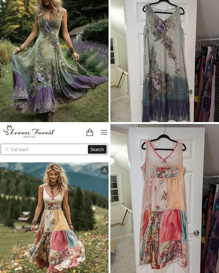 Comparison of expected vs actual dresses showing careless online shopping backfired in hilarious ways with mismatched quality and fit.