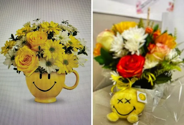 Yellow smiley face mug and plush with flower bouquets showing careless online shopping backfire in hilarious ways.