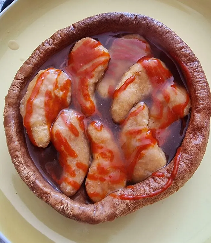 My Fiancées Idea Of A Tasty Lunch. Chicken Nuggets, Gravy, And Ketchup In A Giant Yorkshire Pudding