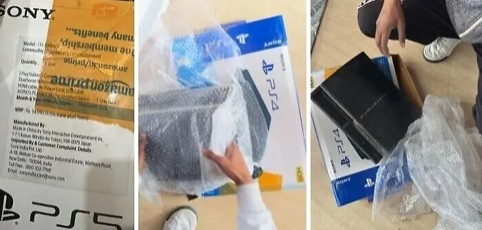 Unboxing a PS5 package revealing a PS4 console, illustrating careless online shopping backfired in a hilarious way.